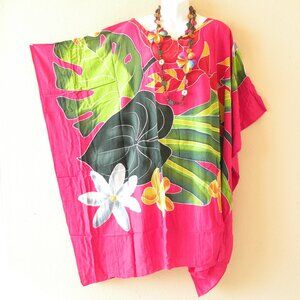 LT117 Pink  Floral Plus Batik Women Handpainted 38" Kaftan Midi Dress up to 5X